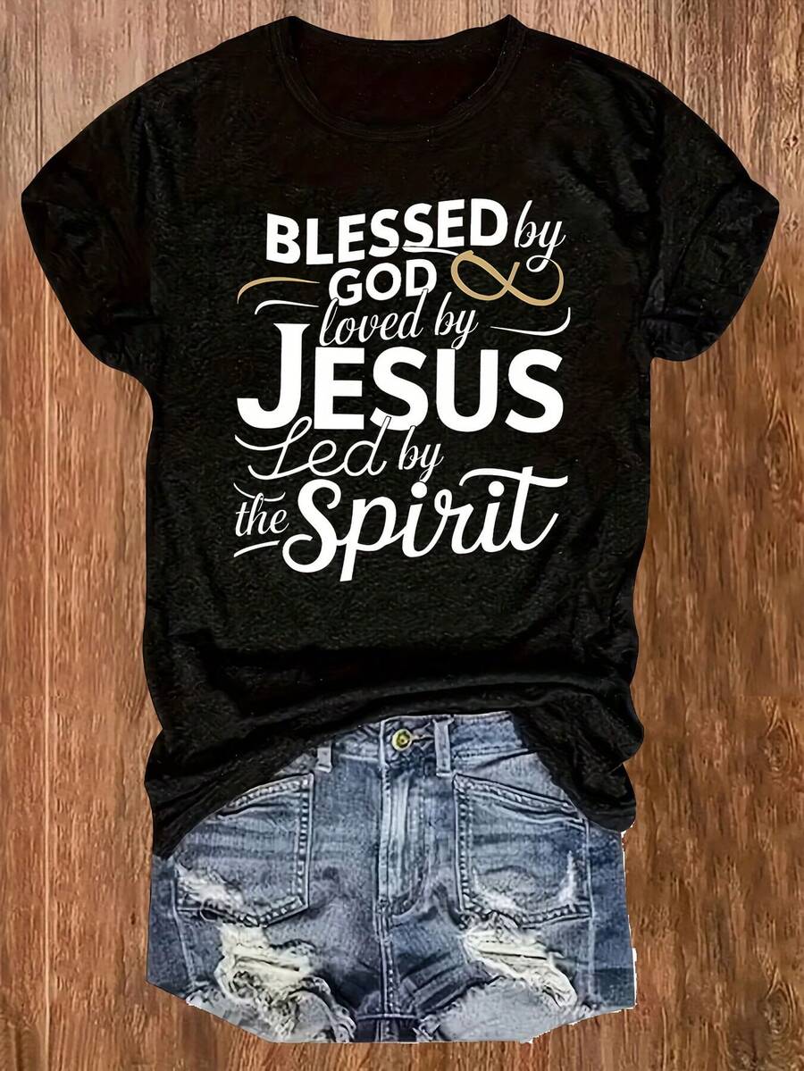 Plus Size Casual T-Shirt With Round Neck And Letter Print - 黑色 - 查看 1