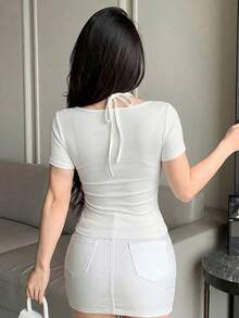 Camiseta de manga corta ajustada casual y sexy con decoración de lazo halter para mujer - Blanco - Ver 3