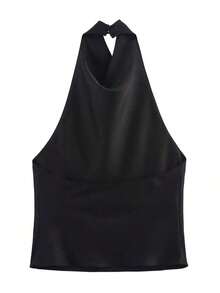 Blusa sin espalda de satén sexy para mujer, top casual elegante para fiesta de noche en color negro - Negro - Ver 5