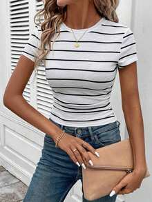 LUNE Conjunto deportivo de tiempo libre para atletismo, ciclismo, running, baloncesto - Camiseta casual cómoda de cuello redondo, ajustada, a rayas blancas y negras con recogido en la cintura, para mujer - Blanco y Negro - Ver 3