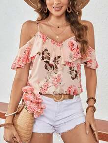 Blusa casual de verano con estampado floral y volantes en el bajo - Azul y blanco - Ver 6
