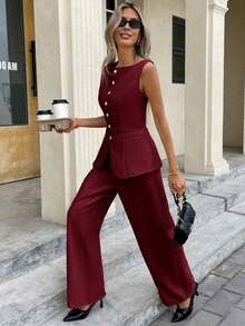 Set de 2 piezas para mujer con top sin mangas con botones delanteros lisos y pantalones largos, conjunto casual - Burdeos - Ver 4