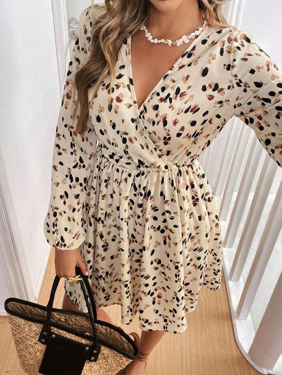 Vestido corto minimalista de estilo casual para mujer, para uso diario.Vestido corto de manga larga con cuello cruzado y estampado de leopardo para mujer, vestidos de vacaciones, vestidos para mujer, vestido casual de invierno, vestido de Año Nu - Albaricoque - Ver 1