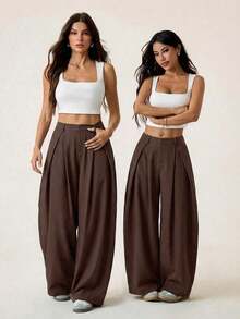 Pantalones anchos de verano con dobladillo curvo verde, estilo vintage, casual y para salir - Café integral - Ver 5