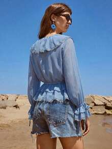 Blusa con botones y mangas con volantes con estampado floral de verano - Azul - Ver 2