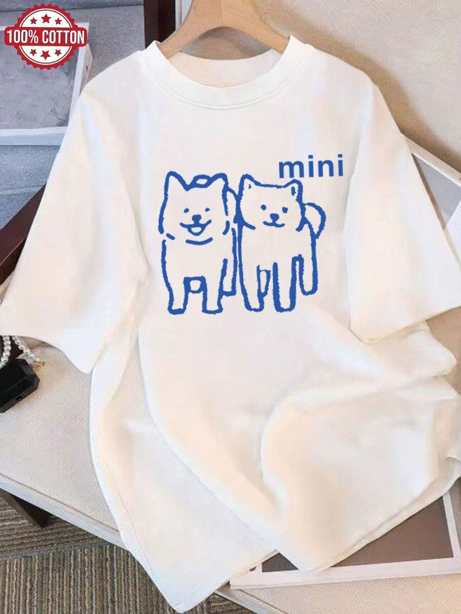 Camiseta blanca 100% de corte holgado para mujer con un lindo estampado de Shiba Inu japonés y mini letras - camiseta casual de verano de manga corta con cuello redondo suave, adecuada para fans del anime, ropa casual, lavable a máquina, corte holgado juvenil, diseño divertido de dibujos animados, cómoda para todas las estaciones, corte holgado ideal para usar en capas, ropa casual versátil, estilo moderno de corte holgado, blusas de algodón puro transpirable para mujer. - Blanco - Ver 1