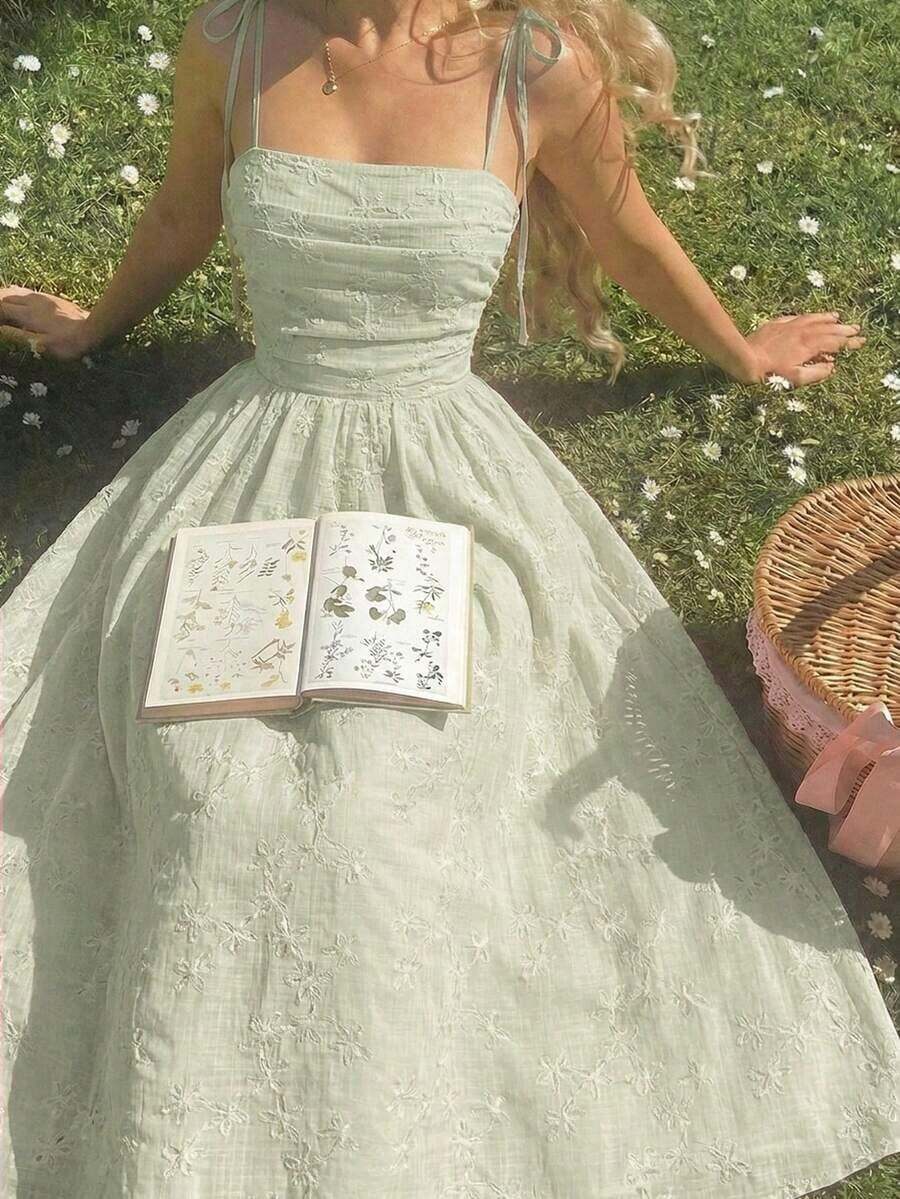 MOD Vestido midi con volantes y decoración de rosa roja con lazo - Romántico y soñador, para fiesta de té en el jardín, cita, fiesta, vestido de verano y primavera para mujer, ropa de playa, vacaciones de primavera, picnic, festival, atuendo de cumpleaños - Verde - Ver 1