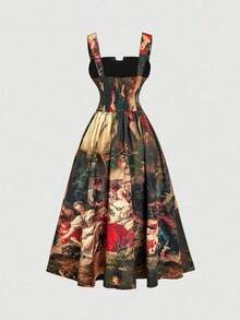 MOD Vestido de mujer estilo palacio vintage con estampado magenta, vestido largo para Año Nuevo, vestido formal, vestido de fiesta, vestido de cumpleaños para mujer, vestido de invitada de boda de otoño, vestido formal floral, vestido de cena para vacaciones, atuendo de cena para mujer, vestidos elegantes para mujer, vestido de vacaciones - Multicolor - Ver 3