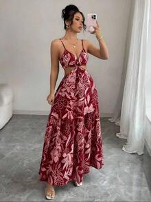 xheElenzga Vestido casual/de trabajo de longitud media sin mangas con estampado que estiliza la línea de la cintura para mujerxhe - Rosa Roja - Ver 7