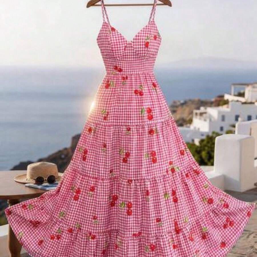 Vestido de tirantes rosa cereza con cintura ceñida y falda acampanada, vestido de verano casual y lindo para vacaciones. Vestido largo de mujer de verano estilo picnic, vestido maxi con lazo en la espalda a cuadros, vestido maxi a cuadros, vestido con estampado de fresa para mujer, vestido largo de verano, vestido rosa a cuadros para picnic, vestido con estampado de cereza para mujer, vestidos de verano para mujer, vestidos de picnic y vacaciones - Rosa - Ver 1