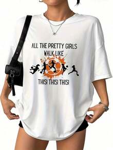 Women's 100% Cotton Football Slogan T-Shirt - "All The Pretty Walk Like This", Casual Football Design T-Shirt, Breathable, Short Sleeve, Round Neck, Loose Fit, For Size S, Ideal For Casual Outfits And Gifts. - 白色 - 查看 7