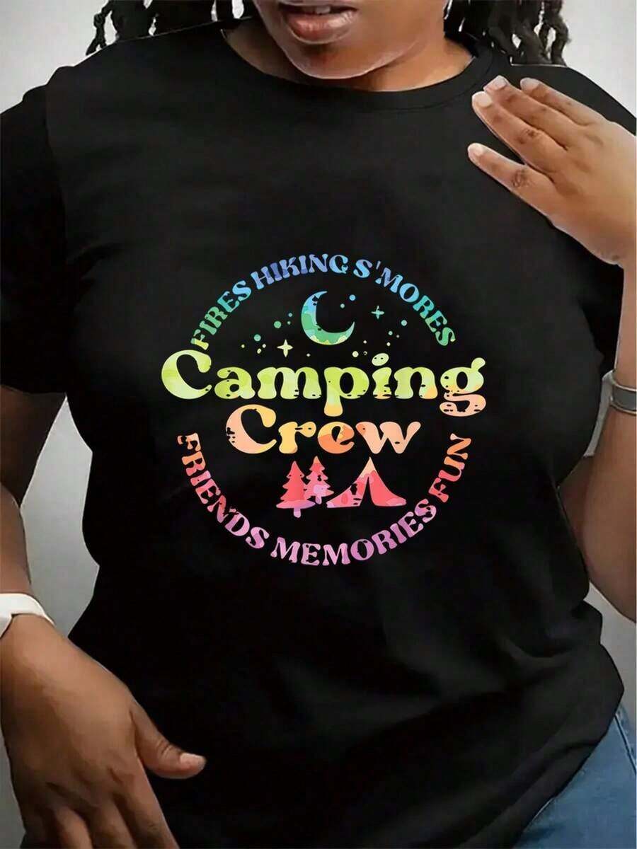 Mujeres Plus Tamaño Camping Patrón Camiseta - Aventura Imprimir Características Fuego de campamento Tienda de campaña, Y Senderismo Diseños - Recuerdos De Amigos Senderismo Acampada Y Alrededor El Fuego de campamento - Ligero Y Transpirable Manga corta Tripulación Cuello Superior, Adecuado Para Primavera Y Verano - Negro Con Colorido Camping Impresiones - Ideal Para Senderismo Camping Viajes, Y Informal Desgaste - Máquina Lavable Y Seco Lavable - Suelto Ajuste Perfecto Para Informal La ropa fresca de verano de la Sra. Wear - Negro - Ver 1