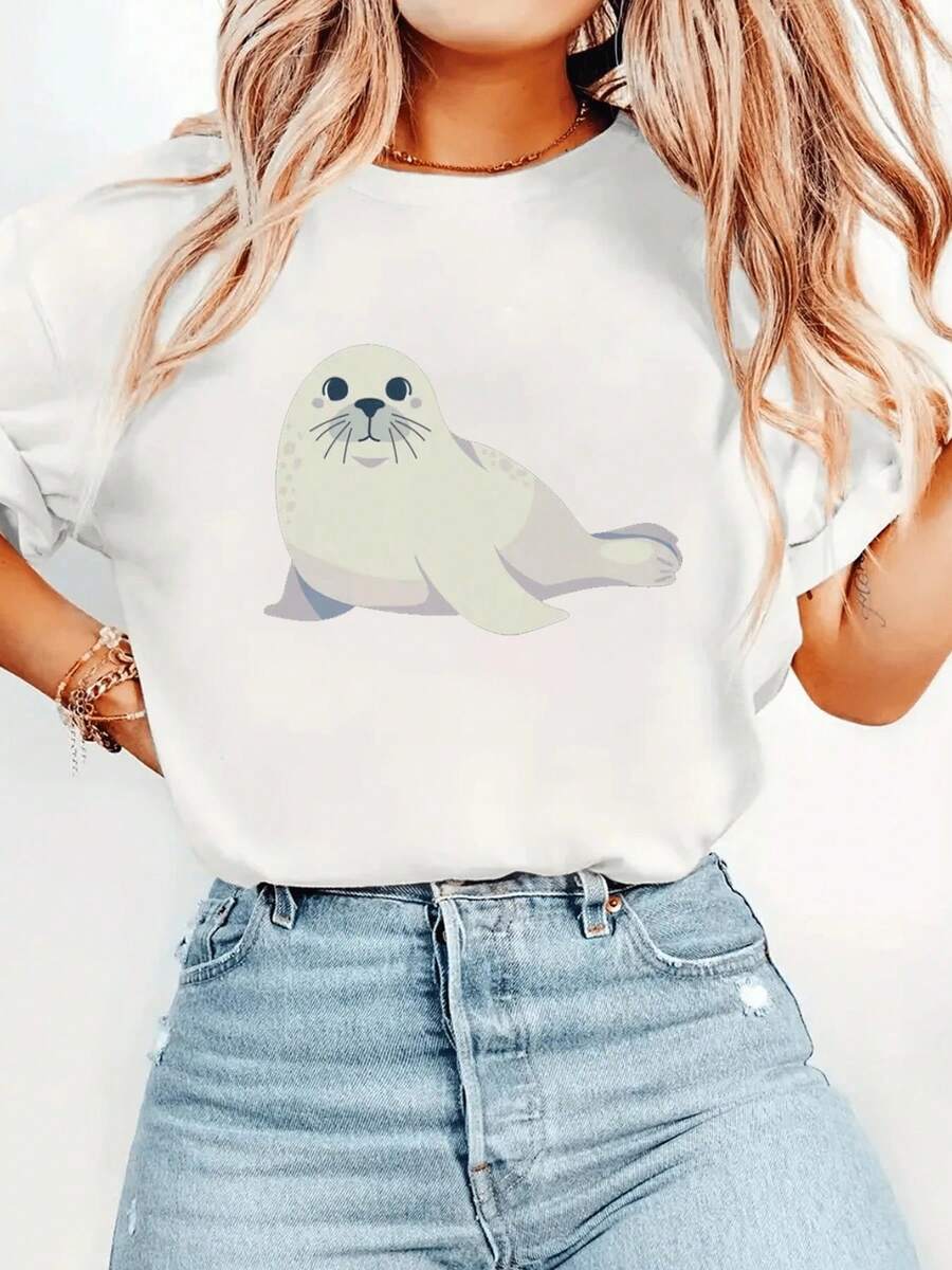 Under The RadarCute Seal, Camiseta Estampada Cómoda para Mujer, Regalo para Ella, Amante de los Animales - Estilo Urbano Vintage, Camiseta Unisex de Algodón Suelto de Manga Corta con Cuello Redondo - Blanco - Ver 1