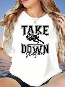 Camiseta Gráfica de Lucha Libre 'Take Down Season' para Mujer, Camiseta Casual de Verano, Top Deportivo de Moda, Camiseta para Mujer - Blanco - Ver 1