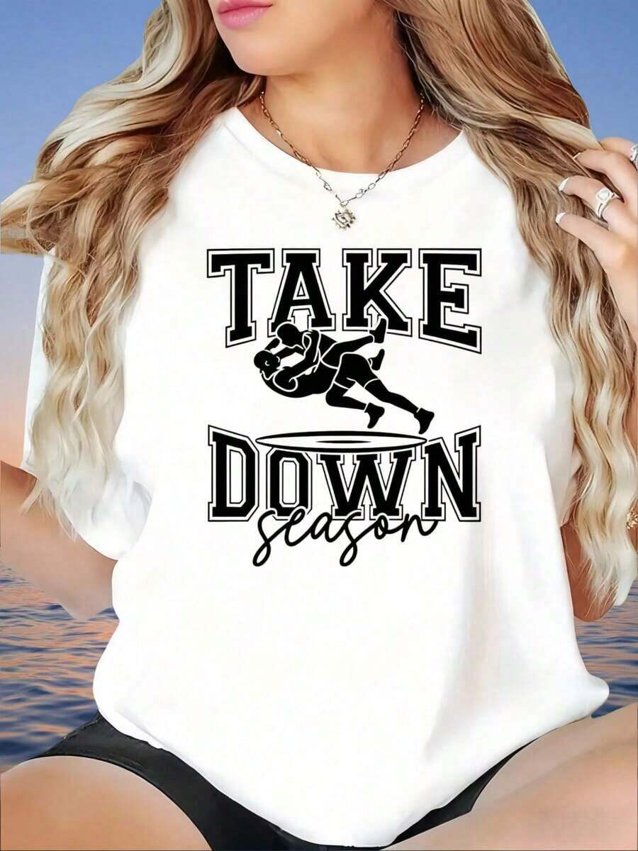 Camiseta Gráfica de Lucha Libre 'Take Down Season' para Mujer, Camiseta Casual de Verano, Top Deportivo de Moda, Camiseta para Mujer - Blanco - Ver 1