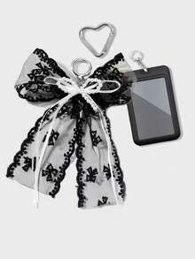 Black Lace Bow Heart-Shaped Clasp Pendant With Pearl Decor, Suitable For Bag Charm, Keychain, Can Hold ID Card, Star Card, Transit Card, Photo, Residence Permit, Etc. - Multicolor - View 10
