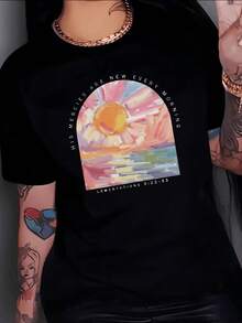 Radiant Sun Over A Calm Sea Symbolizing Hope And New Beginnings With Warm Tones And Artistic Brushstrokes. Women's Casual, Modern, Comfortable And Elegant T-Shirt - 黑色 - 查看 8