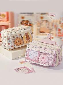 1 pieza Bolsa de papelería de gran capacidad y multicapa con diseño de capibara/Estuche de lápices con estampado lindo, textura premium/Caja organizadora de escritorio, regreso a la escuela - Multicolor - Ver 5