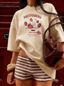 Women's Pink Cotton Casual T-Shirt With Strawberry Graphic Print, Short Sleeves, Round Neck, Regular Fit, Ideal For Everyday Wear.--Comfortable And Relaxed T-Shirt For Leisure - 卡其色 - 查看 4
