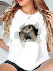 Women's Cute Cat Graphic Tee - Casual Round Neck Short Sleeve T-Shirt, Stretchy & Machine Washable, Perfect For Summer - White - View 1