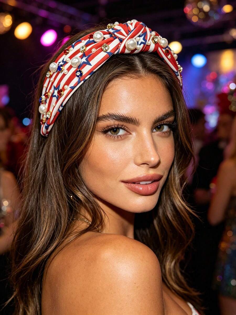 1Pc July 4th Independence Day Hairband, Stars & Stripes Pearl Rhinestone Knotted Wide Headwrap, Party Daily Versatile Hair Accessory - Multicolor - View 1