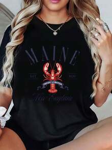 Camiseta de verano premium para mujer, de color gris, con cuello redondo y diseño de langosta de Maine, es perfecta para uso casual en otoño e invierno, y es lavable a máquina para un fácil almacenamiento. Disponible en tres colores. - Negro - Ver 12