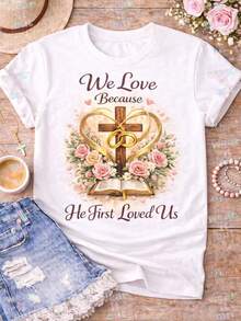 1 pieza de camiseta con diseño cristiano "Él nos amó primero", top con temática de fe, regalo de Pascua para madre cristiana, camiseta de cuello redondo de algodón puro, 180g, 100% algodón. - Blanco - Ver 1
