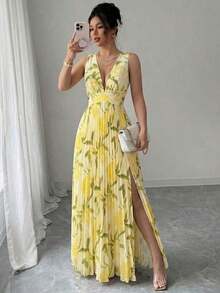 a Vestido elegante y romántico para mujer con cuello en V sin mangas, cintura hueca, plisado en línea A y estampado floral - Amarillo claro - Ver 6