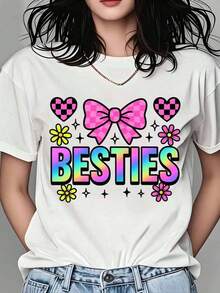 Camiseta Tie Dye Arcoíris Besties con Lazo Rosa y Corazones para Mujeres y Niñas, Regalo de Amistad, Ropa de Fiesta, Atuendo de Verano, Top de Moda Lindo, Camiseta de Mujer - Blanco - Ver 1