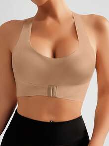 1 pieza Sujetador deportivo inalámbrico con cierre delantero y trasero para mujer, con almohadillas extraíbles, adecuado para ciclismo y entrenamiento - Marrón - Ver 4