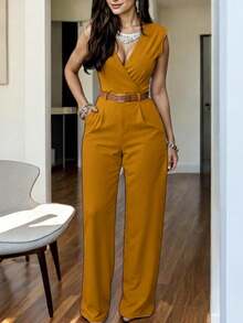 Sexy Women's Jumpsuit With Belt - Fashionable, Comfortable, And Casual - Ideal For The Office Or A Sexy Date - 薑色 - 查看 1