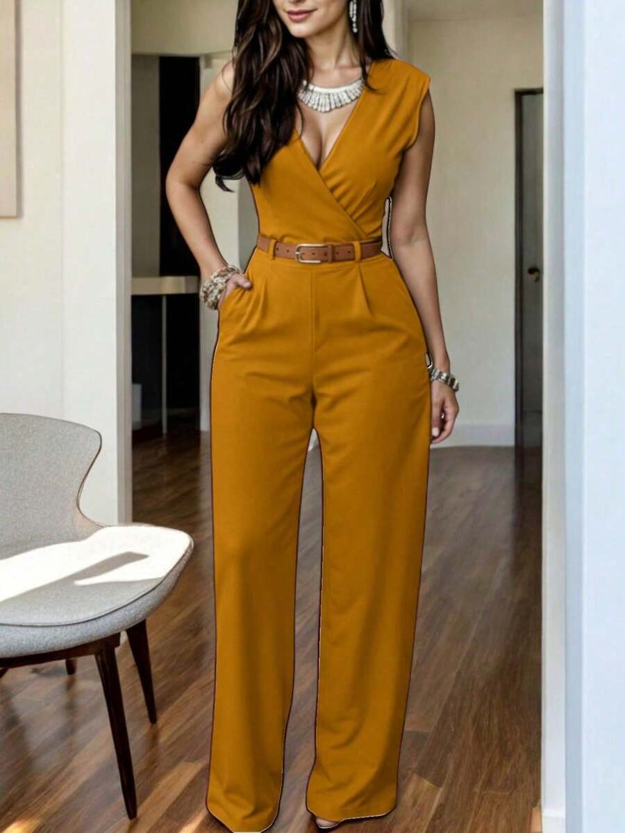Sexy Women's Jumpsuit With Belt - Fashionable, Comfortable, And Casual - Ideal For The Office Or A Sexy Date - 薑色 - 查看 1