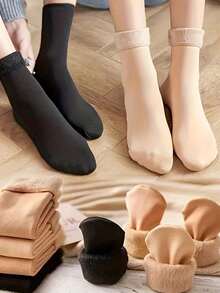 1/2/3/6 pares de calcetines de unicolor de felpa - Calcetines gruesos y transpirables - Calcetines y medias altas para mujer - Multicolor - Ver 4