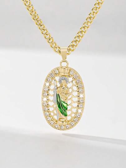 1PC Catholic Retro Saint Jude Pendant Necklace Unisex Style 3D Hollow Carving Craft + High-Shine Zirconia Inlay 60cm Sturdy Cuban Chain Fits All Body Types Saint Jude Image Conveys Faith Protection & Blessing Meanings Suitable For Catholic First Communion Ceremony & Baptism Souvenir Elegant For Daily Commute & Church Worship