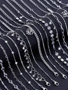 Set de 5 piezas de tobillera con colgante geométrico multielemental de metal, perla falsa y circonia cúbica microincrustada (la cantidad de cadena puede variar aleatoriamente) - Plateado - Ver 3