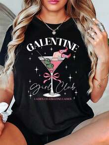 Women's Tops, Women's T-Shirts, Mother's Day, Casual Blouses For Ladies, Women's Tops, 2000s Style, Women's Galentine Club T-Shirt, Casual Short Sleeve Style With Cocktail Slogan, Pink-White, Sweet And Cool Style, Festive Atmosphere, Spring-Summer Season, Cartoon Print - 黑色 - 查看 6