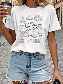 1 Piece Of Women's T-Shirt With The Spanish Phrase "It's A Good Day To Read" - Book Lover T-Shirt With Spanish Phrase Print, Short Sleeves, Round Neck, Casual Blouse Suitable For Spring And Summer Outfits, Book Clubs And Gifts. 180g 100% Cotton. - 混合顏色 - 查看 6