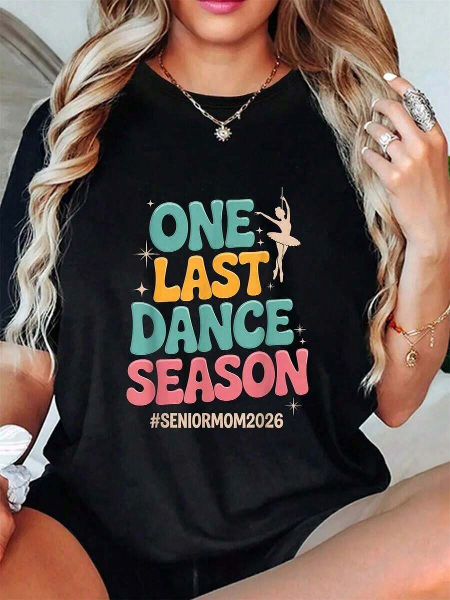 1 Piece Groovy Dance T-Shirt For Graduation Mom, Final Dance Season, 2026, Summer Tops, Short Sleeve, Round Neck, Casual Top For Summer And Spring, Women's Clothing, 180g 100% Cotton - 黑色 - 查看 1