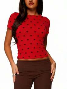 Polka Dot Tops For Women Y2K Long Short Sleeve Tee Crop Top Vintage Cute Slim Fit Crew Neck Shirt Going Out Streetwear - 短袖-紅色 - 查看 4