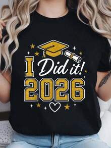 Mexican Graduation T-Shirt "I Did It" 2026, Class Of 2026, Short Sleeve Crew Neck Celebration T-Shirt, Casual Summer And Spring Top, Women's Clothing, Fashionable Summer Cotton T-Shirt - 黑色 - 查看 1