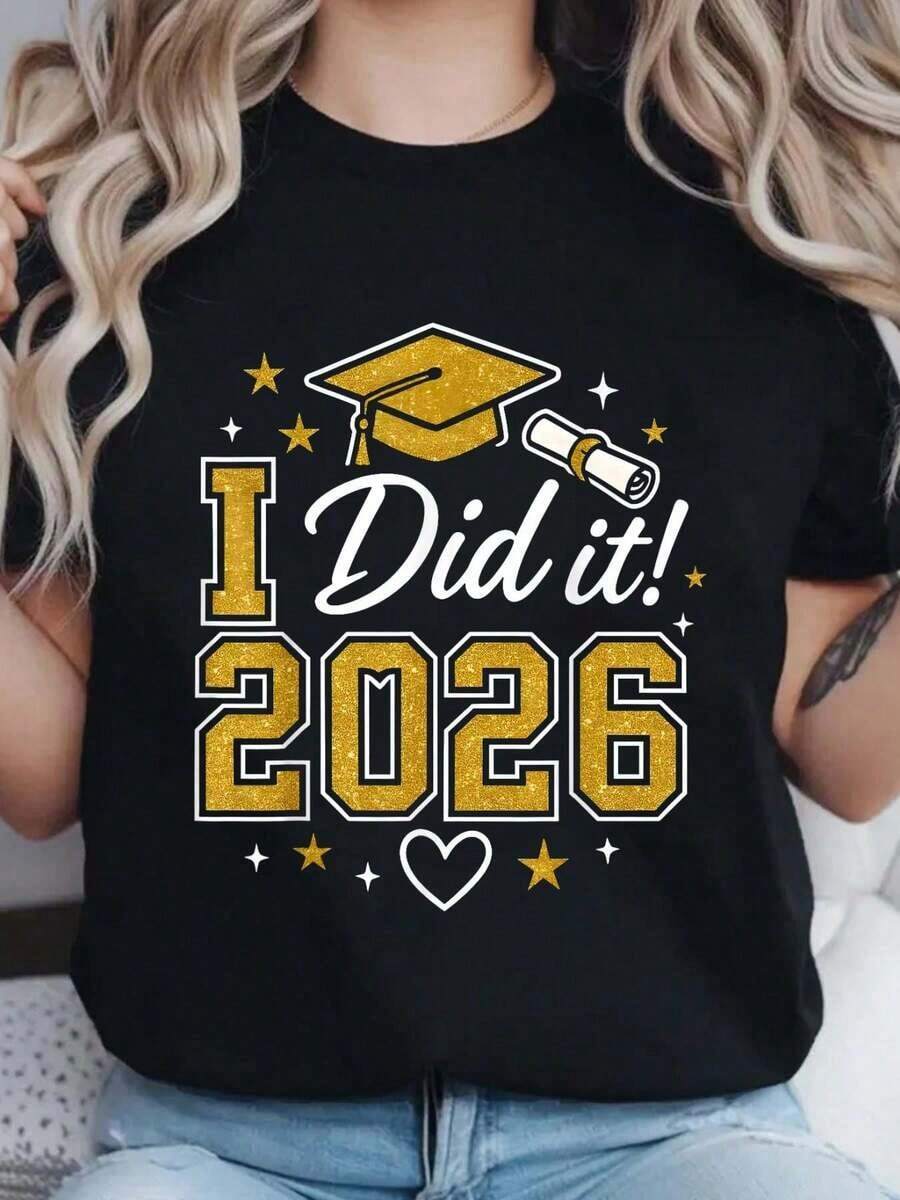 Mexican Graduation T-Shirt "I Did It" 2026, Class Of 2026, Short Sleeve Crew Neck Celebration T-Shirt, Casual Summer And Spring Top, Women's Clothing, Fashionable Summer Cotton T-Shirt - 黑色 - 查看 1
