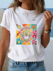 Limited Time Offer, Limited Quantity Available, Lightning, Women's Shirts, Women's T-Shirts. Women's Oversized Black T-Shirt, Short Sleeve, Round Neck, Colorful Graffiti  Mask Print, Casual Mexican Style For Everyday Wear - 白色 - 查看 10