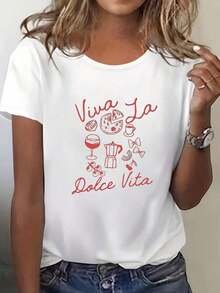 Premium Quality Women's Short-Sleeved Cotton T-Shirt With A Print, Casual Fit, And A Slim Fit. This Shirt Features A Beautiful Italian-Style Print, Is Soft And Comfortable, And Is A Versatile Garment Suitable For Everyday Wear. . - 白色 - 查看 1
