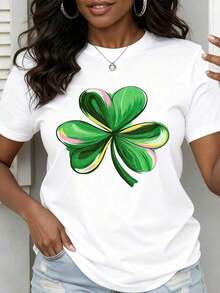 Women's Short Sleeve T-Shirt, Four Leaf Clover T-Shirt For St. Patrick's Day, Lucky Clover Graphic T-Shirt For Women, Casual Summer Top, Clothing. - 白色 - 查看 1