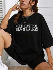 Womens Cotton Oversized Short Sleeve T Shirt With Keep Control Your Soul Graphic Print, Casual Summer Tee For Women Round Neck Printed Short Sleeve Casual Everyday T-Shirt, They Are Excellent Gifts For Friends And Family,100% Cotton T-Shirts Feature, A Youthful And Fashionable Design Blusas Para Mujer Casual - 黑色 - 查看 6