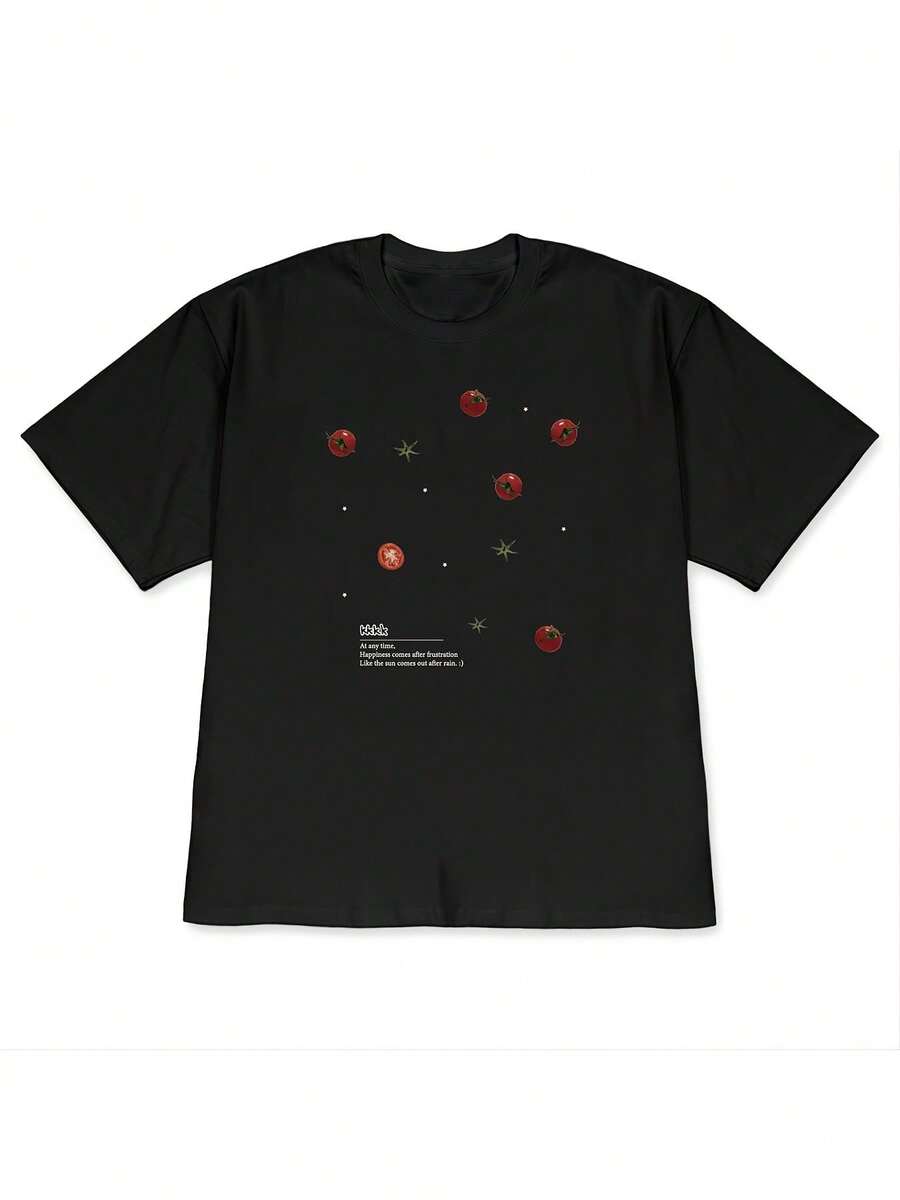 A Unique And Unusual Women's Casual, Off-The-Shoulder Short-Sleeve T-Shirt. Featuring Scattered Tomato Prints, This Plus-Size Couple's Short-Sleeve T-Shirt Embodies A Relaxed Summer Style. - 黑色 - 查看 1