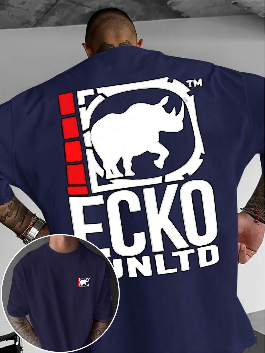 A Short-Sleeved T-Shirt With A "Rhino" Print And A Round Neck, Ideal For Summer. It's A Must-Have For Travel, Dates, Beach Outings, And Vacations, Making It A Perfect Gift For Dad Or A Boyfriend On Special Occasions. - 皇家藍 - 查看 1