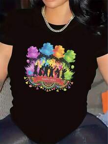 Women's Christmas Party T-Shirt, Short Sleeve T-Shirt | Bright And Vibrant Design, Comfortable Fit, Durable Fabric, Suitable For Indoor And Outdoor Gatherings, Lightweight And Breathable Top, Round Neck, Medium Stretch Fabric. - 黑色 - 查看 1