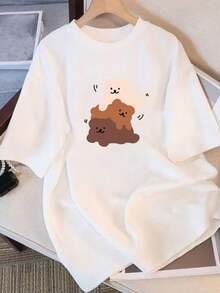 Women's Casual T-Shirt For Everyday Use, Modern And Minimalist Style, Summer 2006, With Cute Bear Print, Loose Fit, Short Sleeves And Round Neck. - 白色 - 查看 7