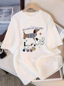 Women's Solid Color Short Sleeve T-Shirt, Modern Minimalist Style - Dalmatian Puppy Print (Puppy Heart Symbol Style) - Korean Style Summer Top, Casual Shirt, Suitable For Dog Lovers, White, Casual For Everyday Wear. - 白色 - 查看 1
